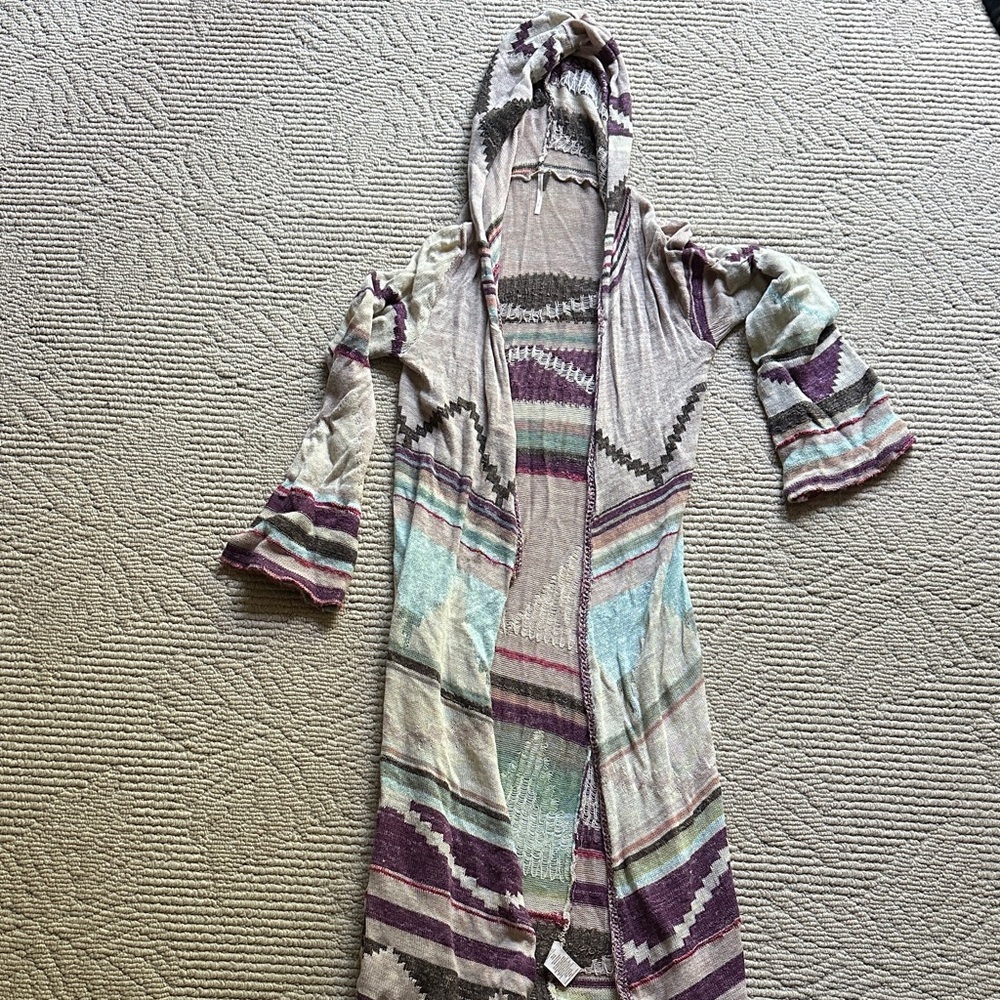 Free People Boho Hooded Knit Duster Cardigan in Pastel Stripes